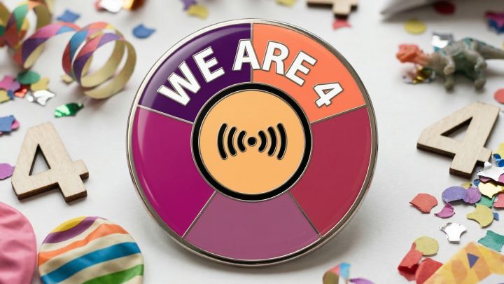 A Noisebox logo badge with the words "WE ARE 4" over it in white, set against a backdrop of birthday-related ephemera